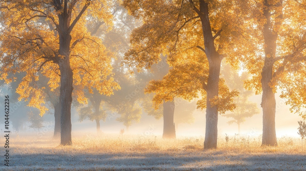 Autumn trees in morning mist with golden foliage Autumn trees in morning mist with golden foliage