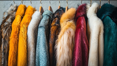 Vibrant range of colorful fur coats hanging on wooden hangers in fashion boutique photo