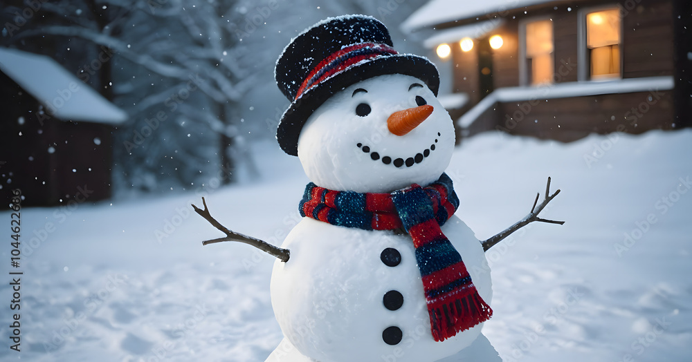 Fototapeta premium Cheerful snowman wearing a top hat and scarf in a snowy landscape