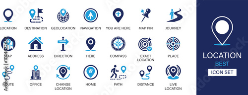 Location best solid icon set collection. Destination, geolocation, navigation, map pin, journey, address, direction, compass, exact location and vector illustration.