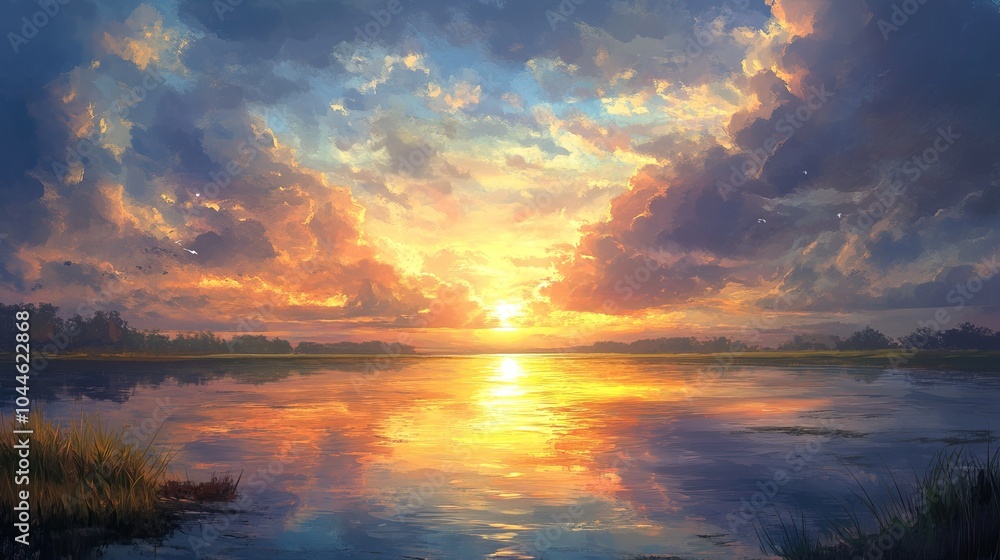 Obraz premium Lake with a beautiful sunset in the background. The water is calm and the sky is filled with clouds. The sun is shining brightly, creating a warm and peaceful . 