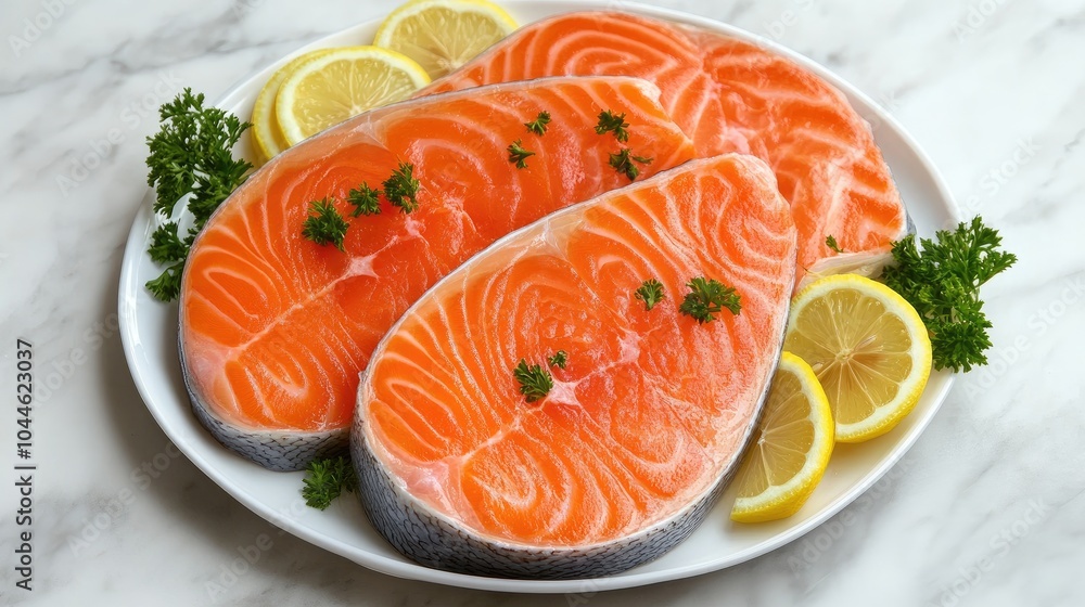 Fresh Salmon Fillets on a Plate with Lemon Slices Fresh Salmon Fillets on a Plate with Lemon Slices