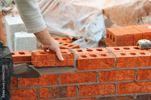 Bricklayer crafting a sturdy wall with red bricks at a construction site on a sunny afternoon