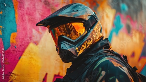 Paintball athlete against a vibrant graffiti backdrop illuminated by intense orange light photo