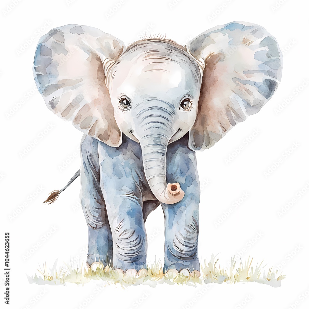 Cute Baby Elephant with Big Ears in Watercolor Style Cute Baby Elephant with Big Ears in Watercolor Style