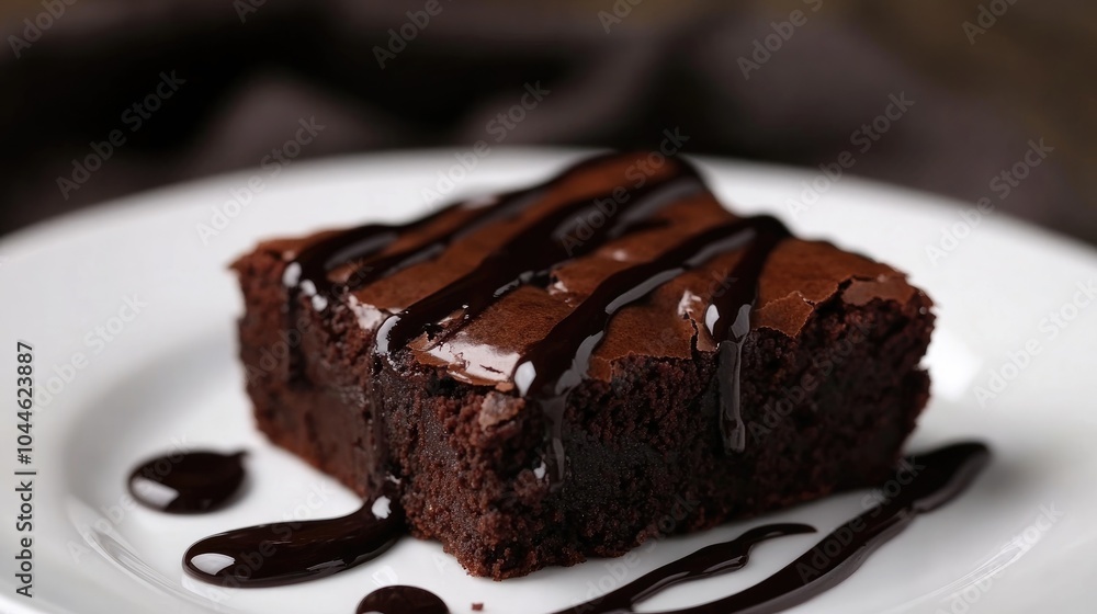 Decadent chocolate brownies topped with a drizzle of rich chocolate sauce on a white plate a truly indulgent and delicious dessert Decadent chocolate brownies topped with a drizzle of rich chocolate sauce on a white plate a truly indulgent and delicious dessert