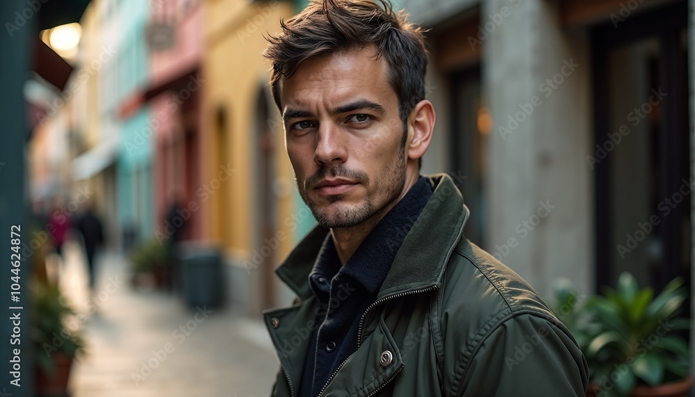 Stylish man posing confidently on a city street with colorful buildings
