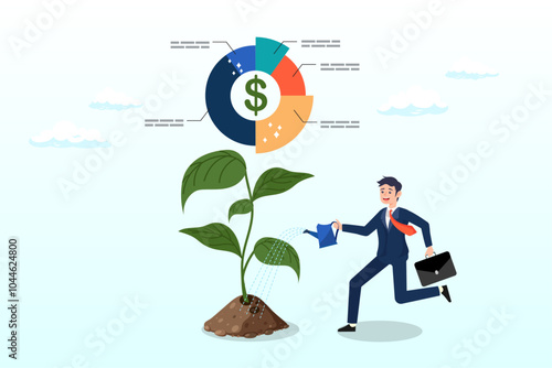 Investment portfolio, asset allocation to build passive income, wealth management or mutual fund planning, investment growth concept, businessman watering grow plant of investing portfolio pie chart
