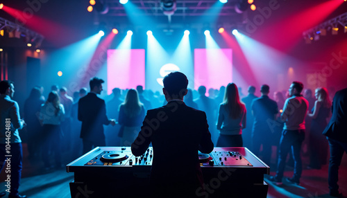 DJ performing energetically at a corporate event with illuminated stage and audience
