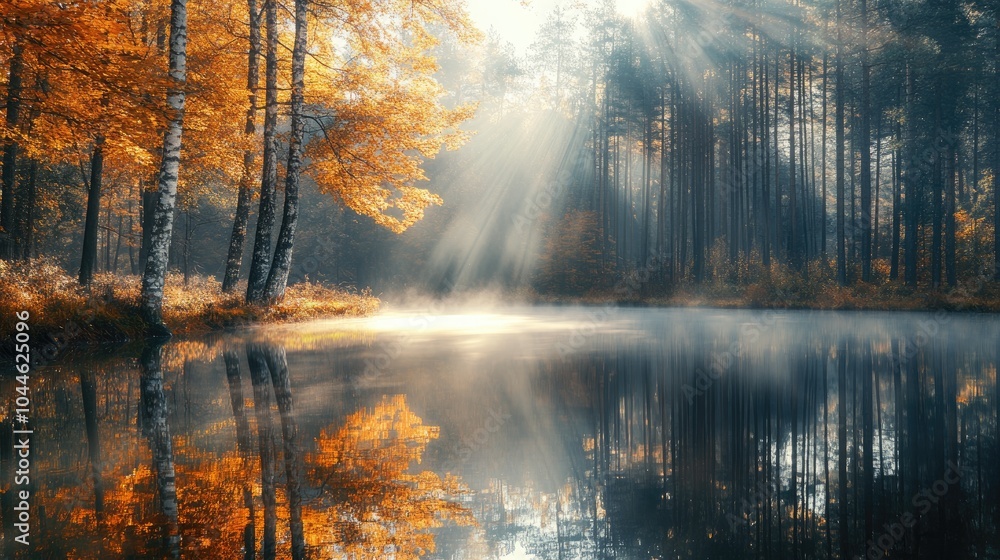 Autumn forest reflecting in water with fog and sunrays Autumn forest reflecting in water with fog and sunrays