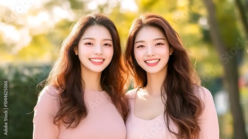 Captivating portrait of two smiling young women in a lush outdoor setting embracing joy and beauty together