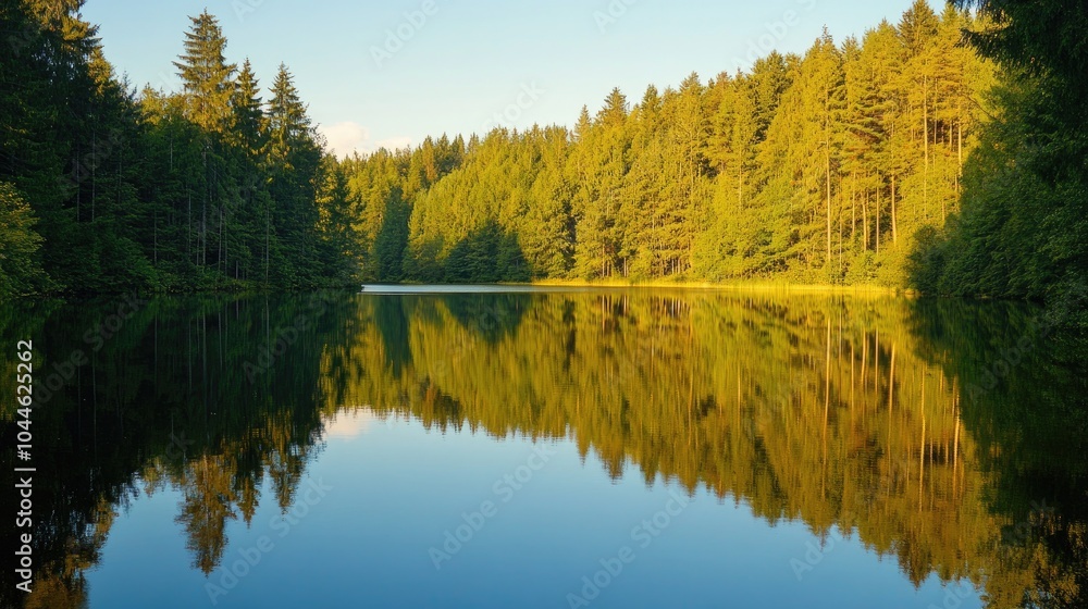 Serene Lake Reflection in a Pine Forest at Sunset Serene Lake Reflection in a Pine Forest at Sunset