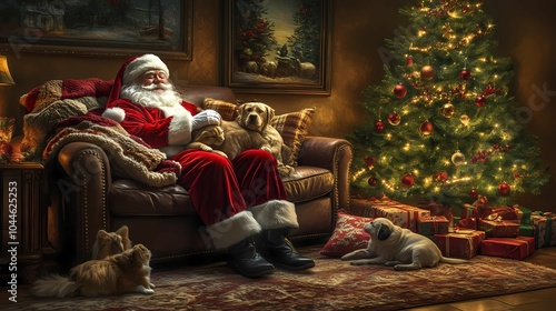 A warm indoor scene of Santa Claus cuddling pets on a sofa.