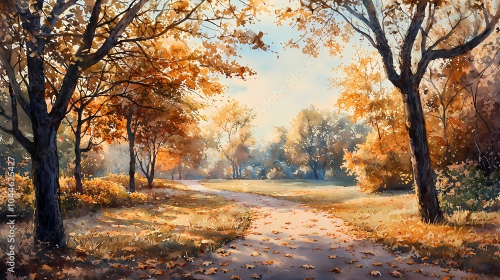Obraz premium Dreamy Autumn Park in Beautiful Watercolor Style