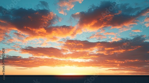 A breathtaking sunset with vibrant orange clouds against a blue sky, creating a serene and picturesque evening scene.