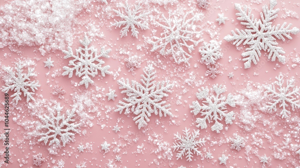 White glittery snowflakes arranged on a soft pink backdrop White glittery snowflakes arranged on a soft pink backdrop