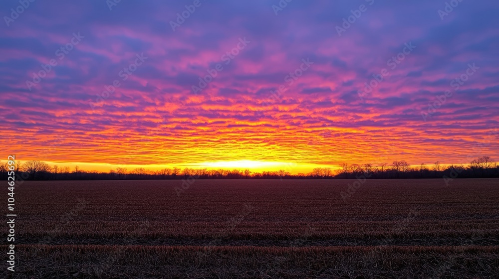 A stunning sunset illuminates the sky with vibrant colors over a tranquil field, creating a serene and picturesque landscape. A stunning sunset illuminates the sky with vibrant colors over a tranquil field, creating a serene and picturesque landscape.