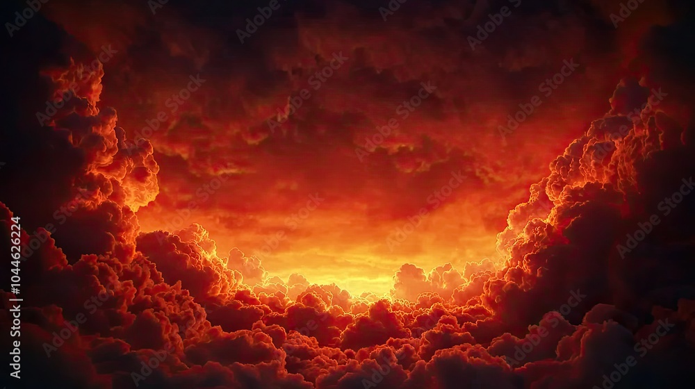A dramatic sky filled with dark, swirling clouds illuminated by fiery orange and red hues, suggesting a powerful natural phenomenon. A dramatic sky filled with dark, swirling clouds illuminated by fiery orange and red hues, suggesting a powerful natural phenomenon.