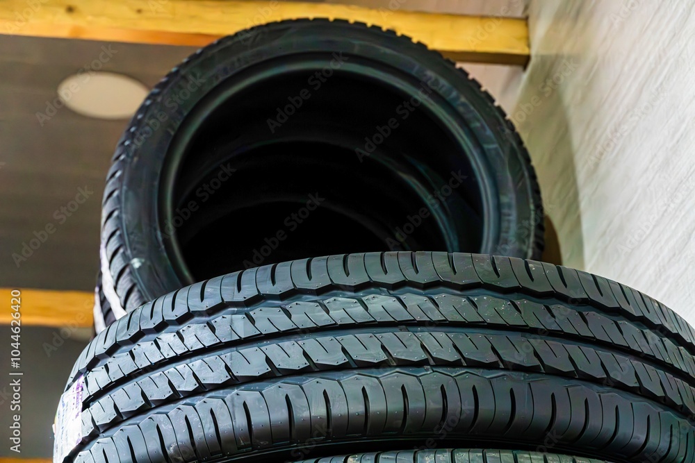 Stacked Black Tires in a Garage Stacked Black Tires in a Garage