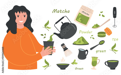 Green matcha tea serve and drink by a young woman. Matcha latte healthy drink.Various tea products made from matcha. Japanese tea culture. Hand drawn vector colored trendy illustration.
