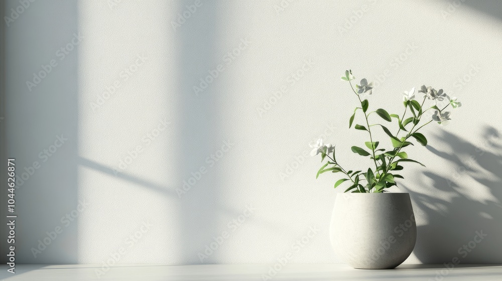 Interior scene featuring a plant pot and flower against a white wall rendered in 3D Interior scene featuring a plant pot and flower against a white wall rendered in 3D