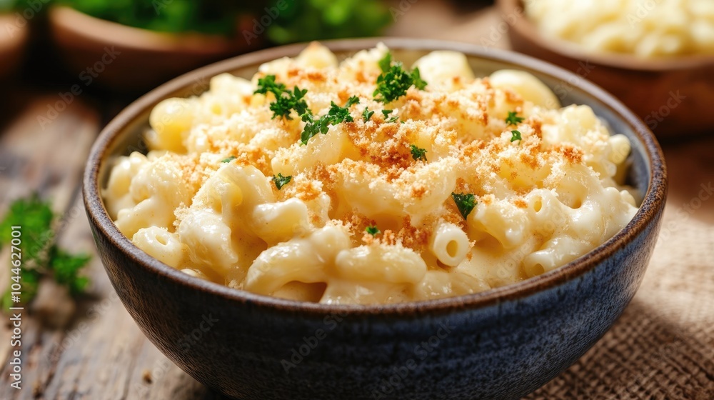 Creamy macaroni and cheese served in a bowl Creamy macaroni and cheese served in a bowl