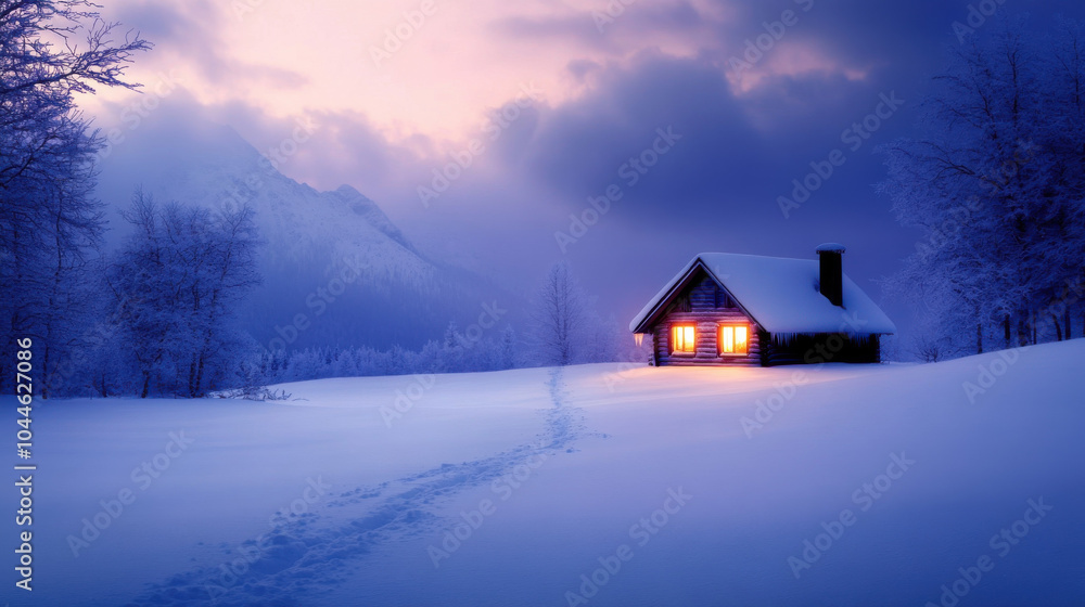 serene winter landscape featuring cozy cabin illuminated by warm light, surrounded by snow covered trees and mountains. tranquil scene evokes sense of peace and solitude serene winter landscape featuring cozy cabin illuminated by warm light, surrounded by snow covered trees and mountains. tranquil scene evokes sense of peace and solitude