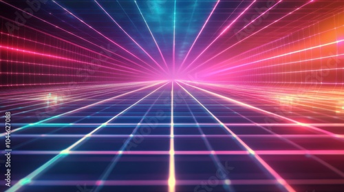 A retro 80s-inspired graphic background with neon lines, grids, and glowing elements, evoking nostalgia and a futuristic vibe for tech and gaming visuals