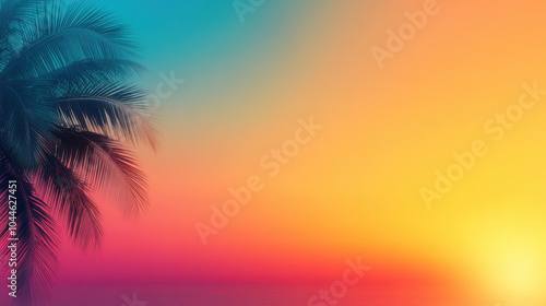 vibrant sunset over ocean, featuring silhouette of palm leaves against gradient sky of orange, pink, and blue hues. scene evokes sense of tranquility and beauty