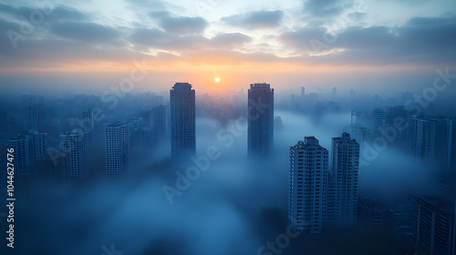 Photograph of a Cityscape with Foggy Clouds Hovering Above the Skyline, Creating a Moody and Atmospheric Scene. Ideal for Themes of Urban Life, Weather, and Modern Architecture.
