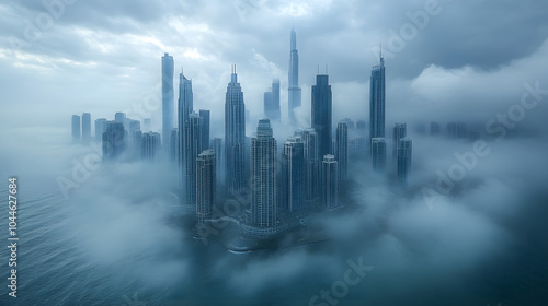 Photograph of a Cityscape with Foggy Clouds Hovering Above the Skyline, Creating a Moody and Atmospheric Scene. Ideal for Themes of Urban Life, Weather, and Modern Architecture. 