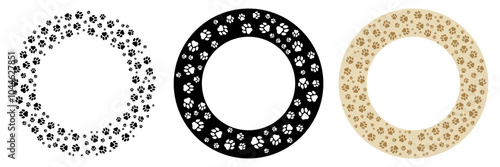 Pet paw print round frame collection. Cute circle borders different style. Dog or cat footprint trail 