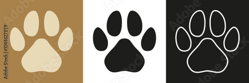 Paw footprint icon set. Pet paw icons in different style. Cat or dog foot print