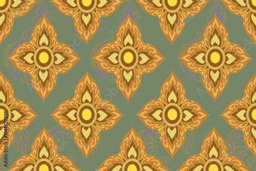 Thai fabric texture pattern, yellow color, seamless geometric shapes. Illustration of green-gray background. Vector,