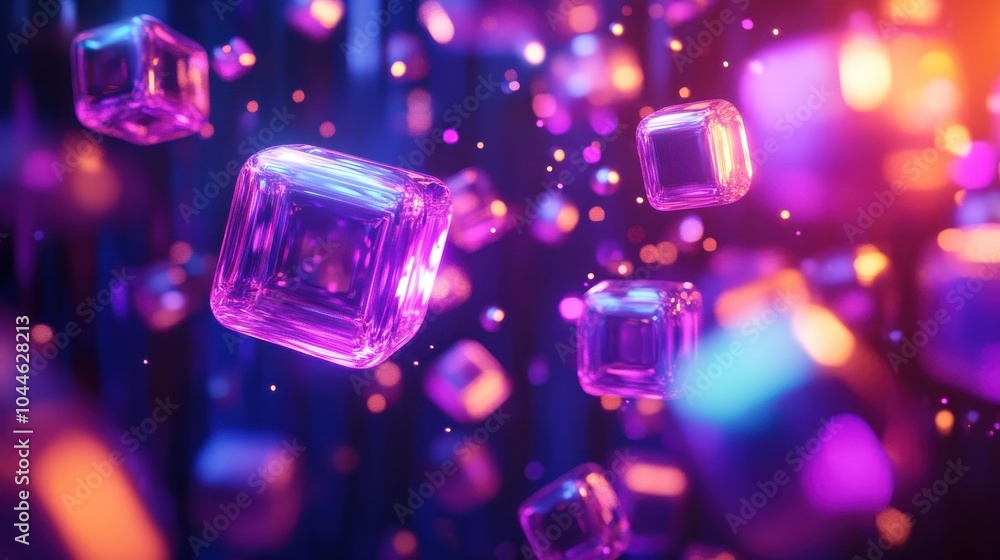 featuring floating spheres and cubes in neon colors, giving a futuristic and playful feel for technology or entertainment projects featuring floating spheres and cubes in neon colors, giving a futuristic and playful feel for technology or entertainment projects