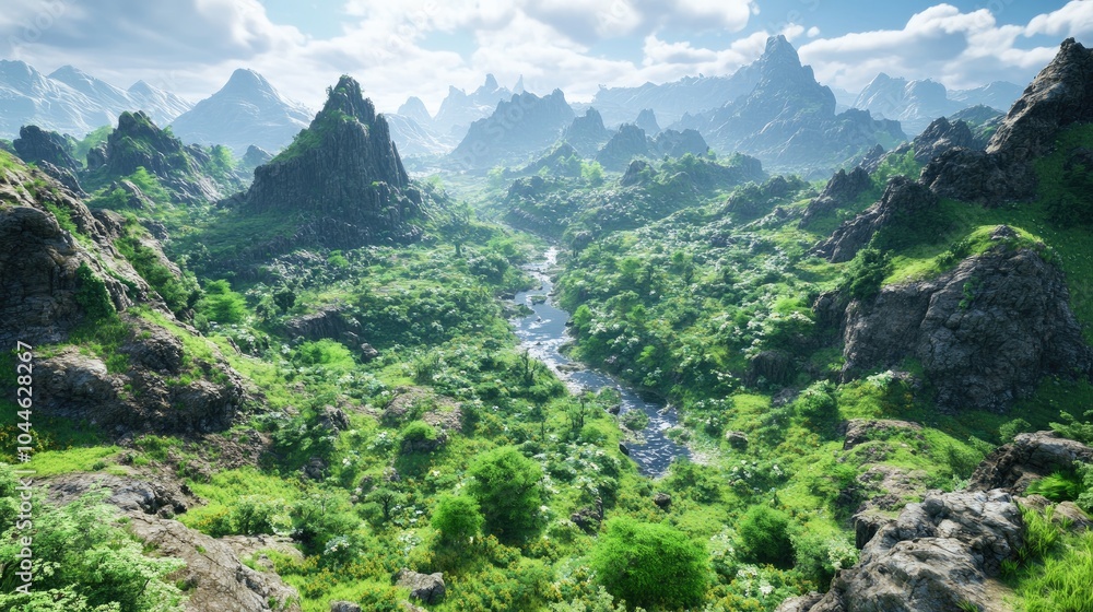 Lush Green Landscape with Mountains and Stream Lush Green Landscape with Mountains and Stream
