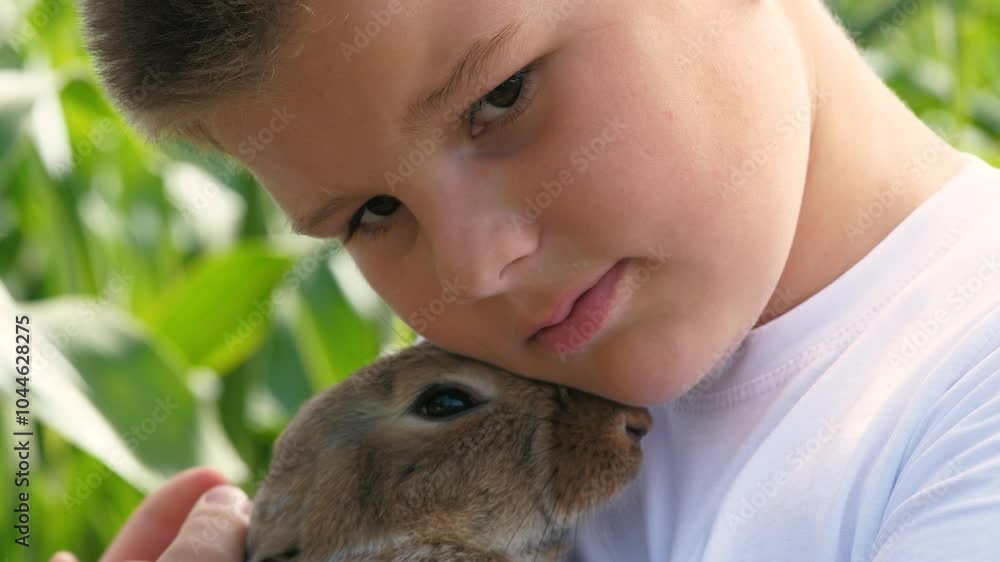 Teen boy hands holding cute little brown rabbit baby bunny outdoor ...