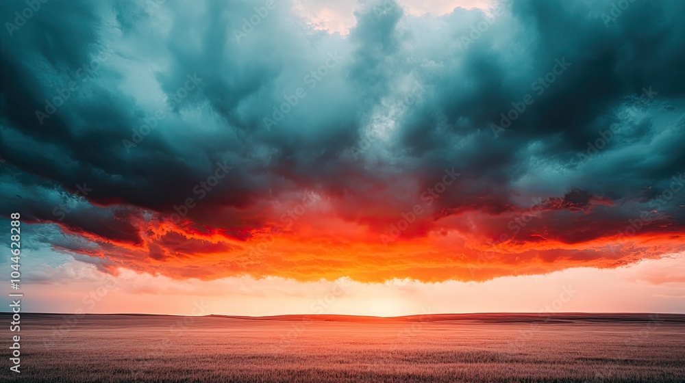 Fototapeta premium A stunning sunset painted with vibrant orange and red hues under dramatic, stormy clouds, creating a breathtaking landscape.
