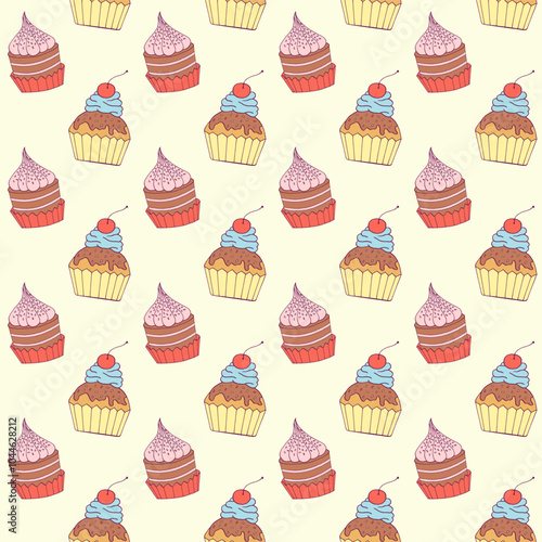 Doodle cupcake seamless pattern.  Cute cupcakes with cream, frosting, chocolate, cherry, strawberry, sweet dessert