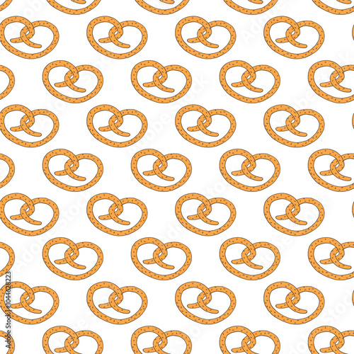 Seamless pattern with doodle pretzel. Traditional pretzels strewn with sesame 