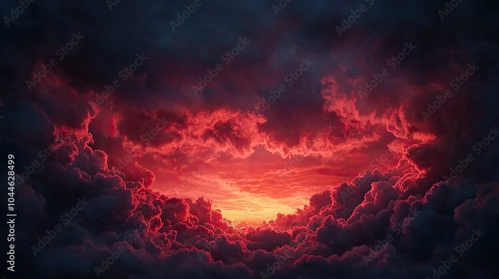 Fototapeta premium A dramatic sunset with vibrant red hues peeking through dark clouds, capturing a striking contrast in the sky.