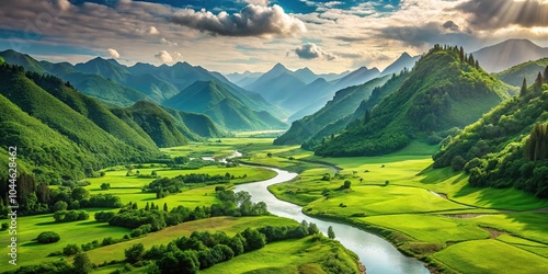 Silhouette of a pixelated lush green valley with river and distant mountains