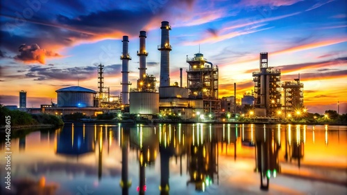 Silhouette of a power plant in a petrochemical plant against a twilight sky