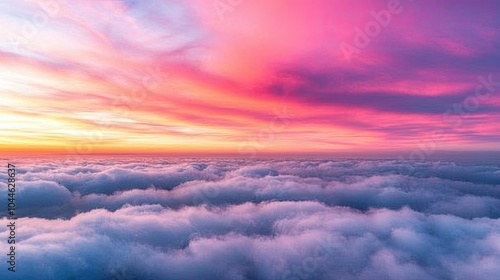 A breathtaking sunset paints the sky in vibrant pinks and purples above soft, fluffy clouds, creating a serene and enchanting atmosphere.