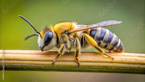 Silhouette of a pretty Ivy Bee Colletes hederae roosting on a reed photo