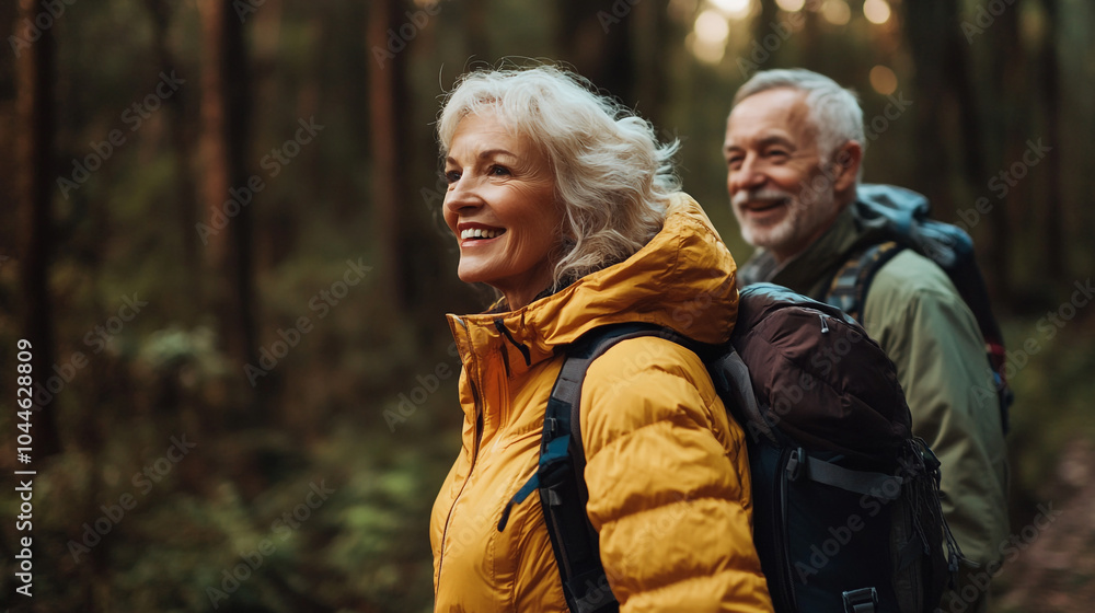 Seniors hiking in a lush forest on National Hiking Day during a vibrant autumn afternoon Seniors hiking in a lush forest on National Hiking Day during a vibrant autumn afternoon