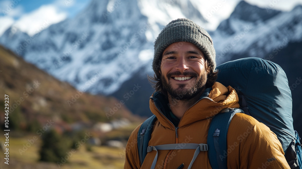 Smiling hiker enjoying the mountain views on National Hiking Day in scenic landscape Smiling hiker enjoying the mountain views on National Hiking Day in scenic landscape