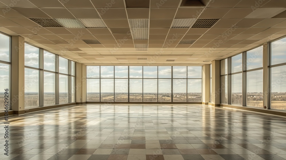 Obraz premium Empty Office Space with Large Windows and a Tiled Ceiling