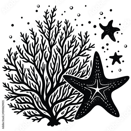 sea corals and seaweed multicolor vector isolated, Underwater Sea fan Vector illustration starfish with watercolour texture