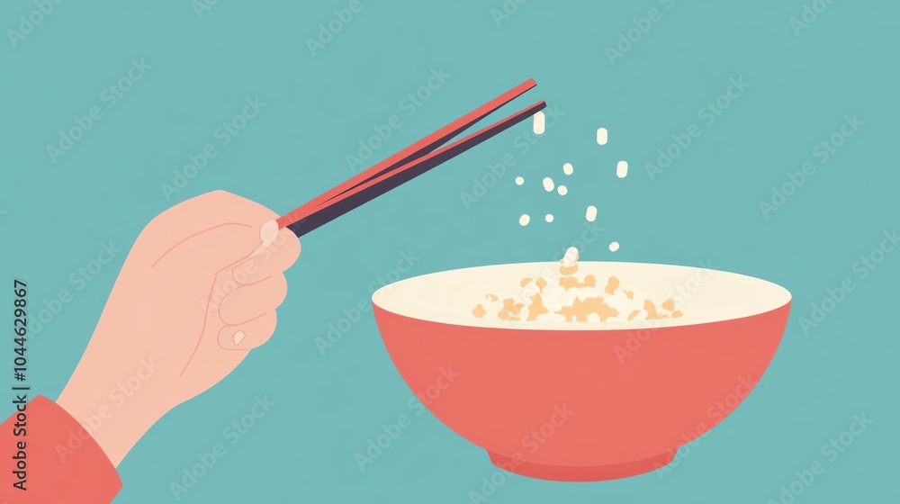 Hand using chopsticks to eat rice from a bowl on a teal background. Hand using chopsticks to eat rice from a bowl on a teal background.